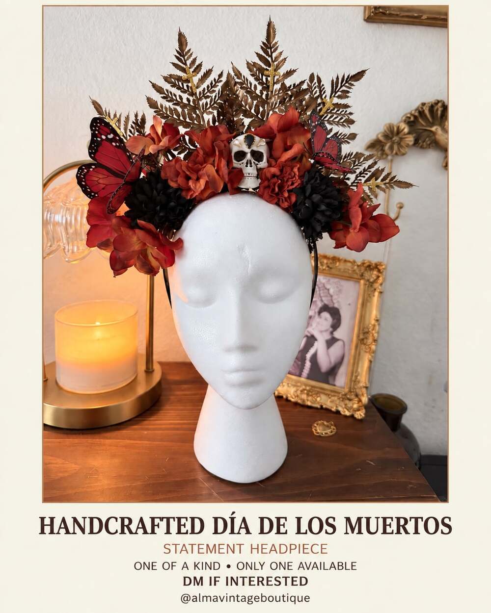 Alma Vintage Boutique Handcrafted Dia De Los Muertos Statement Headpiece